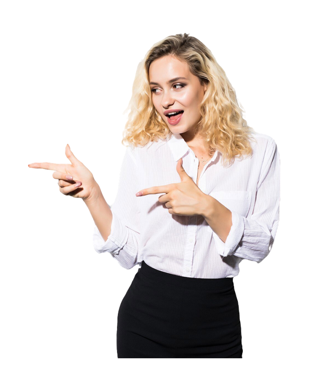 Business Lady pointing at our bio and what we offer clients. Responsive web design