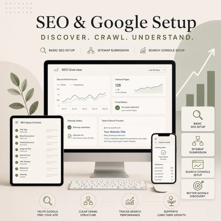 An-image-displaying-Basic-SEO-setup-sitemap-submission-and-Google-Search-Console-setup-to-help-Google-discover-crawl-and-understand-your-website-properly