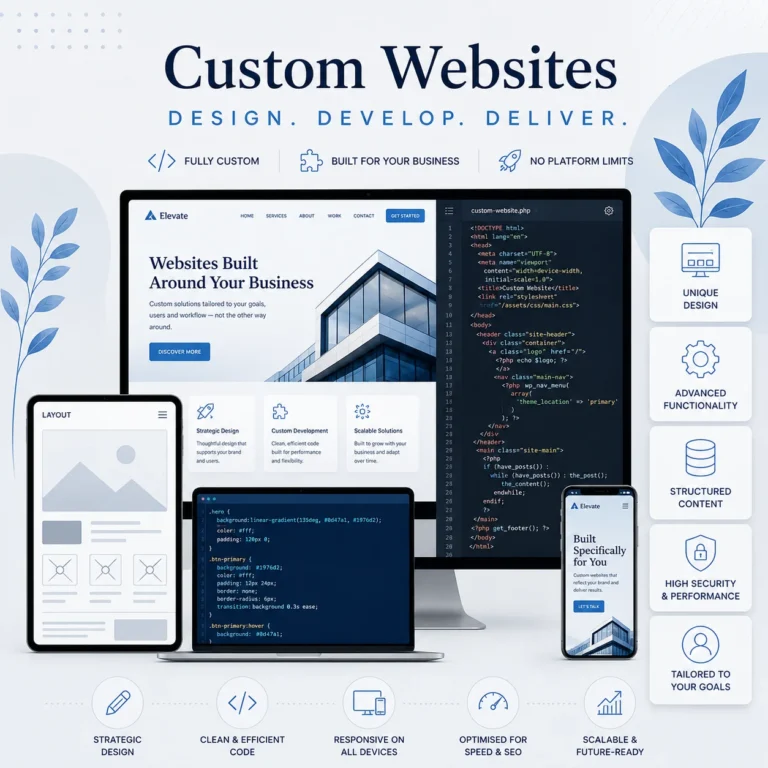 A graphic displaying Custom website layout being planned and developed for a business