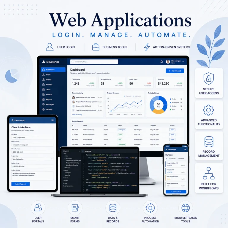 A graphic displaying Custom web application interface built for users to manage business tasks online
