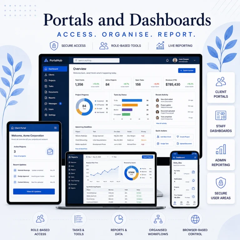 A graphic displaying Business dashboard showing organised information, reports and user tools