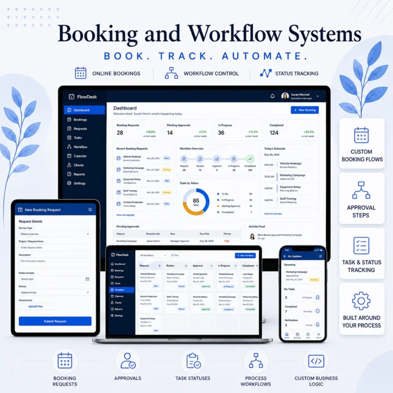 Custom booking and workflow system for managing requests, tasks and statuses