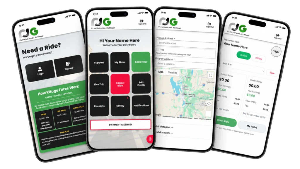 Ritugo Ride Share Case Study images displaying front end operating system