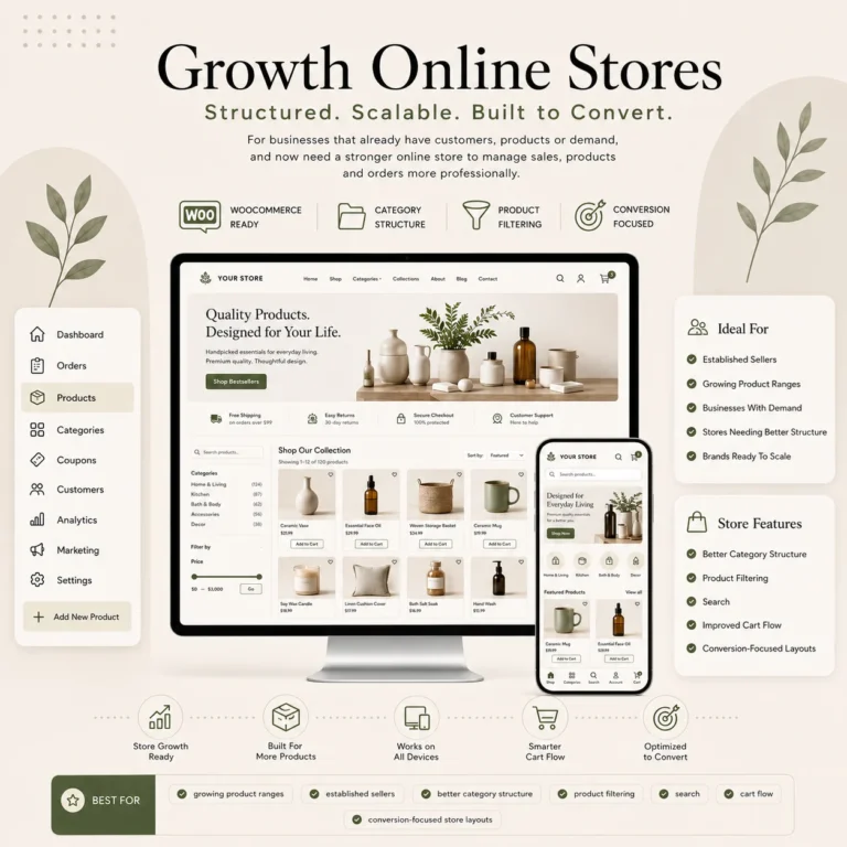 WooCommerce growth online store with product categories, search and ecommerce shopping features