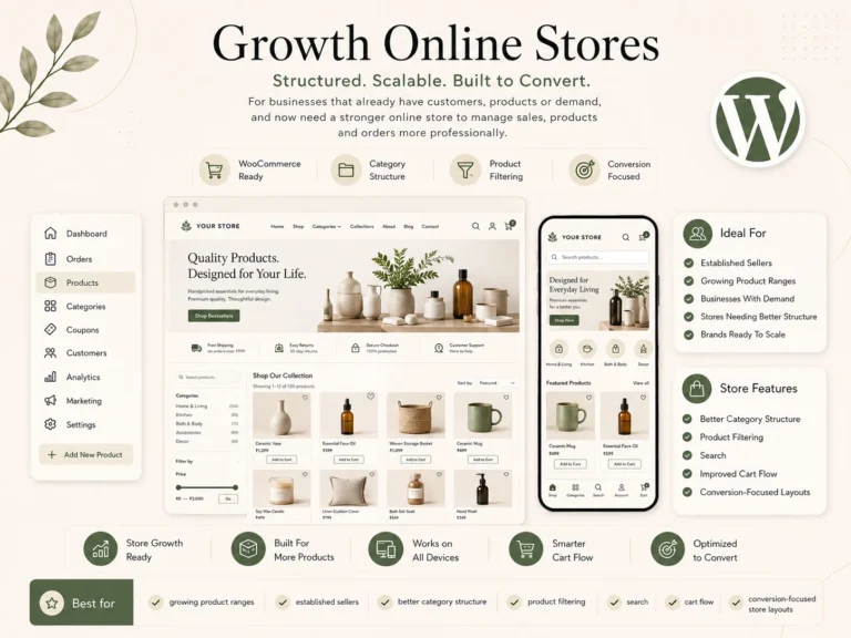 WooCommerce growth online store with product categories, search and ecommerce shopping features