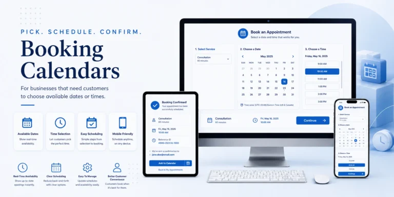 Booking Calendars For businesses that need customers to choose available dates or times.