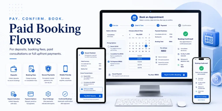 Paid Booking Flows For deposits, booking fees, paid consultations or full upfront payments.