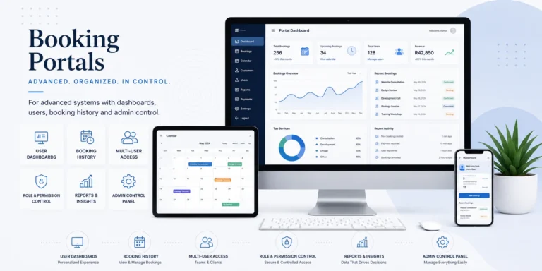 Booking Portals For advanced systems with dashboards, users, booking history and admin control.